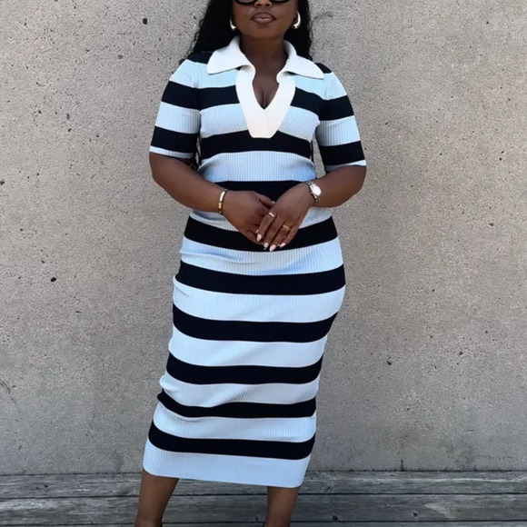 A.L.C. Blue Black Stripe Polo Midi Dress XL Preppy Ribbed Knit Designer $500 - Picture 7 of 12